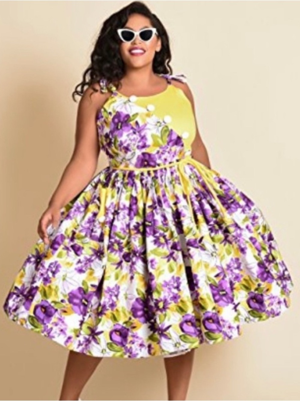 Unique Vintage Hamilton Yellow and Purple Floral Sundress with Tie Straps